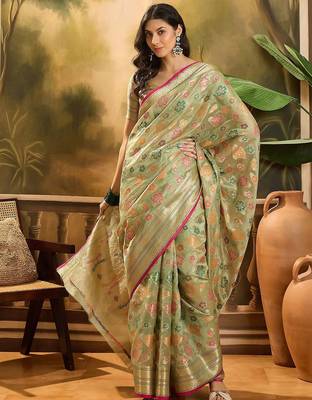 Green floral woven design organza saree with unstitched blouse 1