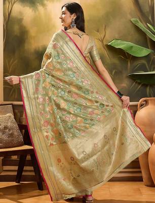 Green floral woven design organza saree with unstitched blouse 3