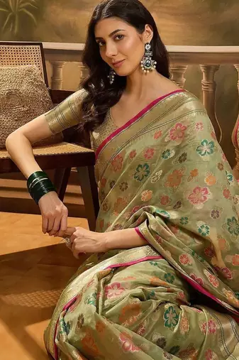 Green floral woven design organza saree with unstitched blouse