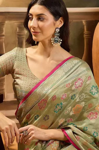 Green floral woven design organza saree with unstitched blouse