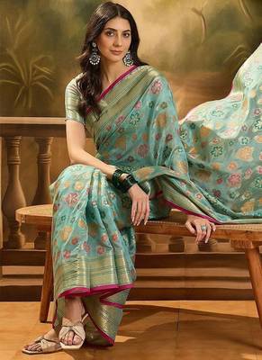 Blue floral woven design organza banarasi saree with blousepiece 1