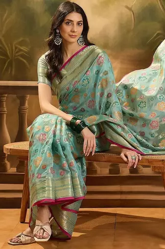 Blue floral woven design organza banarasi saree with blousepiece