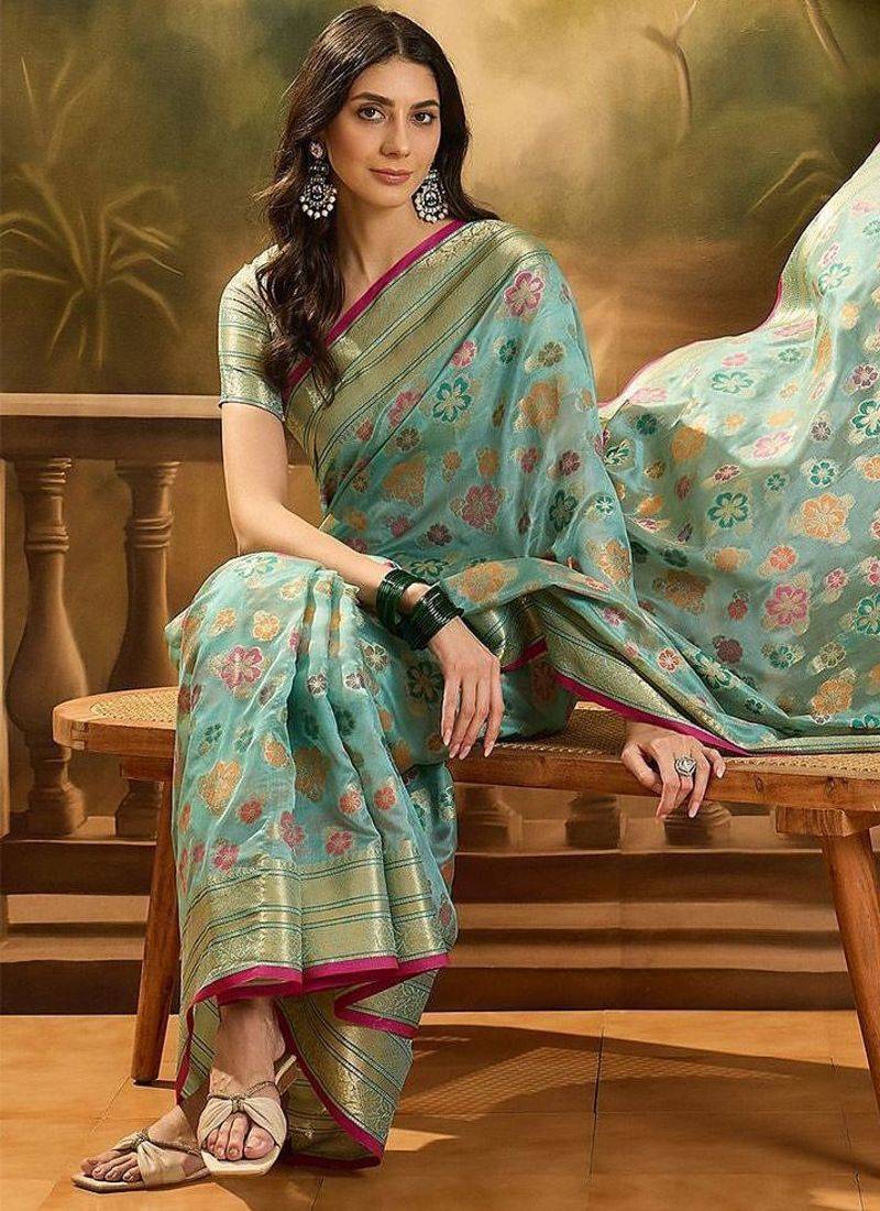 Blue floral woven design organza banarasi saree with blousepiece