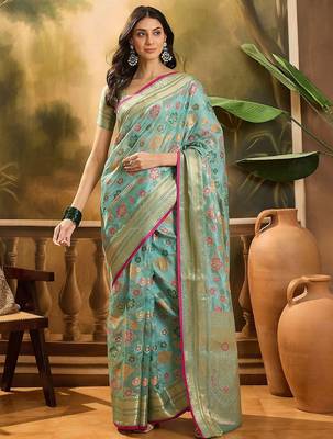 Blue floral woven design organza banarasi saree with blousepiece 2