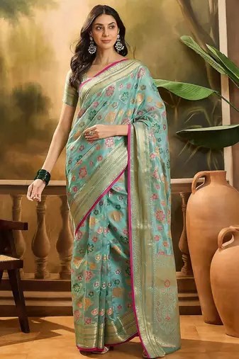 Blue floral woven design organza banarasi saree with blousepiece