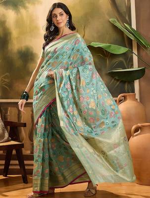 Blue floral woven design organza banarasi saree with blousepiece 3