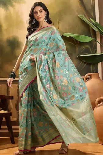 Blue floral woven design organza banarasi saree with blousepiece