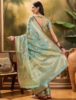 Blue floral woven design organza banarasi saree with blousepiece 4