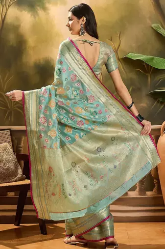 Blue floral woven design organza banarasi saree with blousepiece
