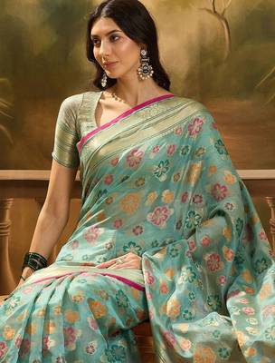 Blue floral woven design organza banarasi saree with blousepiece 5