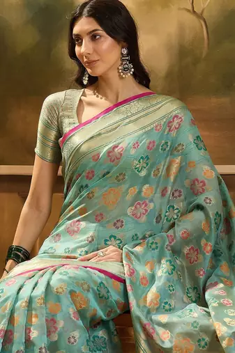 Blue floral woven design organza banarasi saree with blousepiece