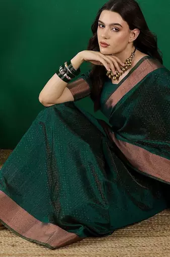 Green polka dot zari woven kanjeevaram saree with blouse