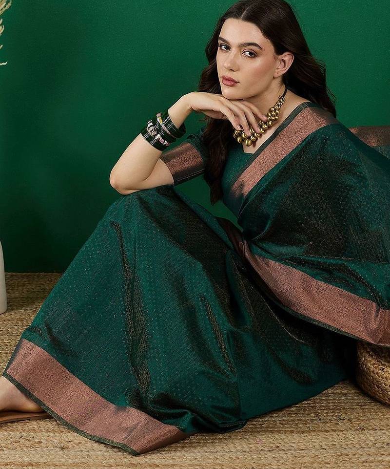 Green polka dot zari woven kanjeevaram saree with blouse