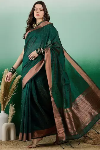 Green polka dot zari woven kanjeevaram saree with blouse