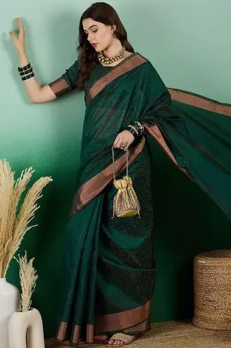 Green polka dot zari woven kanjeevaram saree with blouse