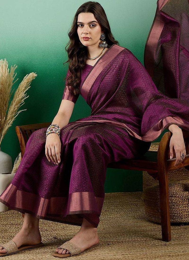 Purple polka dot zari woven kanjeevaram saree with blouse