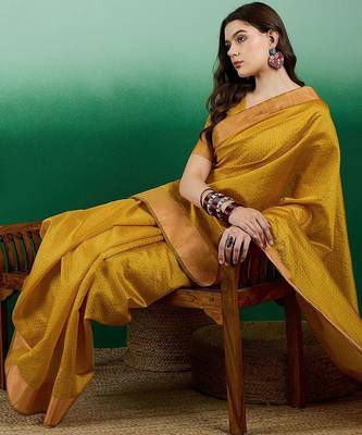 Mustard polka dot zari woven tassel detail saree with blouse 1