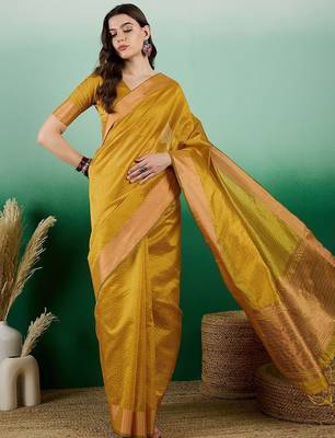 Mustard polka dot zari woven tassel detail saree with blouse 2