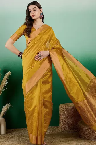 Mustard polka dot zari woven tassel detail saree with blouse