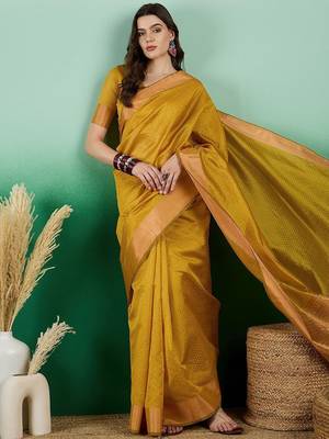 Mustard polka dot zari woven tassel detail saree with blouse 5