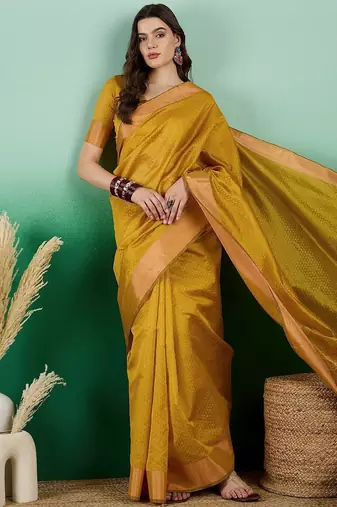 Mustard polka dot zari woven tassel detail saree with blouse