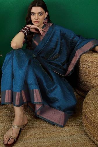 Teal polka dot zari woven tassel detail saree with blouse