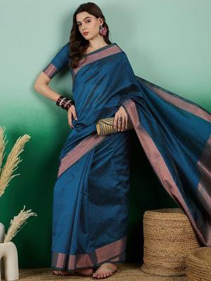 Teal polka dot zari woven tassel detail saree with blouse 2