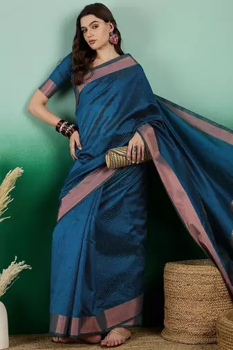 Teal polka dot zari woven tassel detail saree with blouse