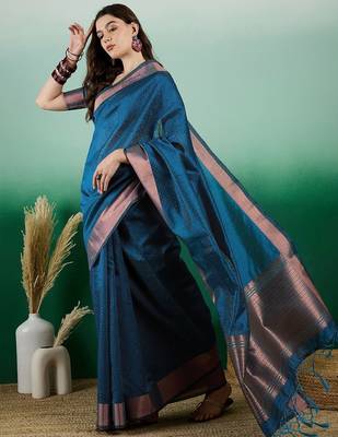 Teal polka dot zari woven tassel detail saree with blouse 3