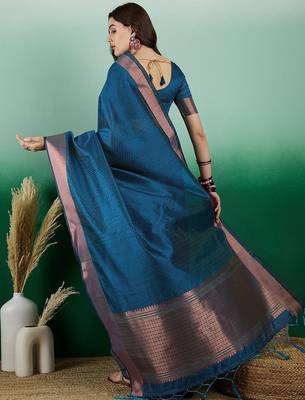 Teal polka dot zari woven tassel detail saree with blouse 4
