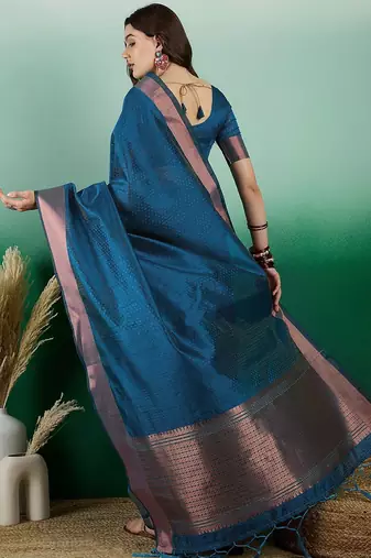 Teal polka dot zari woven tassel detail saree with blouse