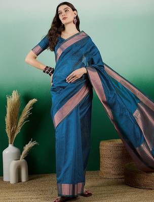 Teal polka dot zari woven tassel detail saree with blouse 5
