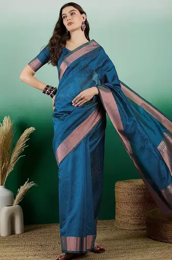 Teal polka dot zari woven tassel detail saree with blouse