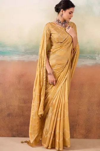 Yellow ethnic embellished festive wear saree with matching blouse