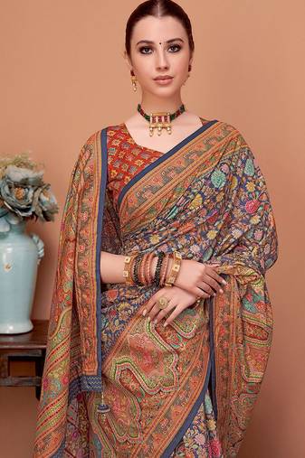 Navy blue floral printed mukaish regular tussar saree