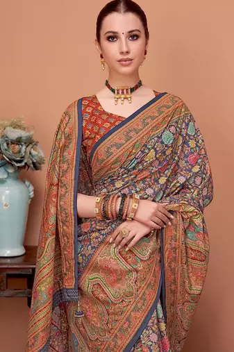 Navy blue floral printed mukaish regular tussar saree