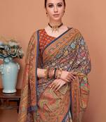 Navy blue floral printed mukaish regular tussar saree