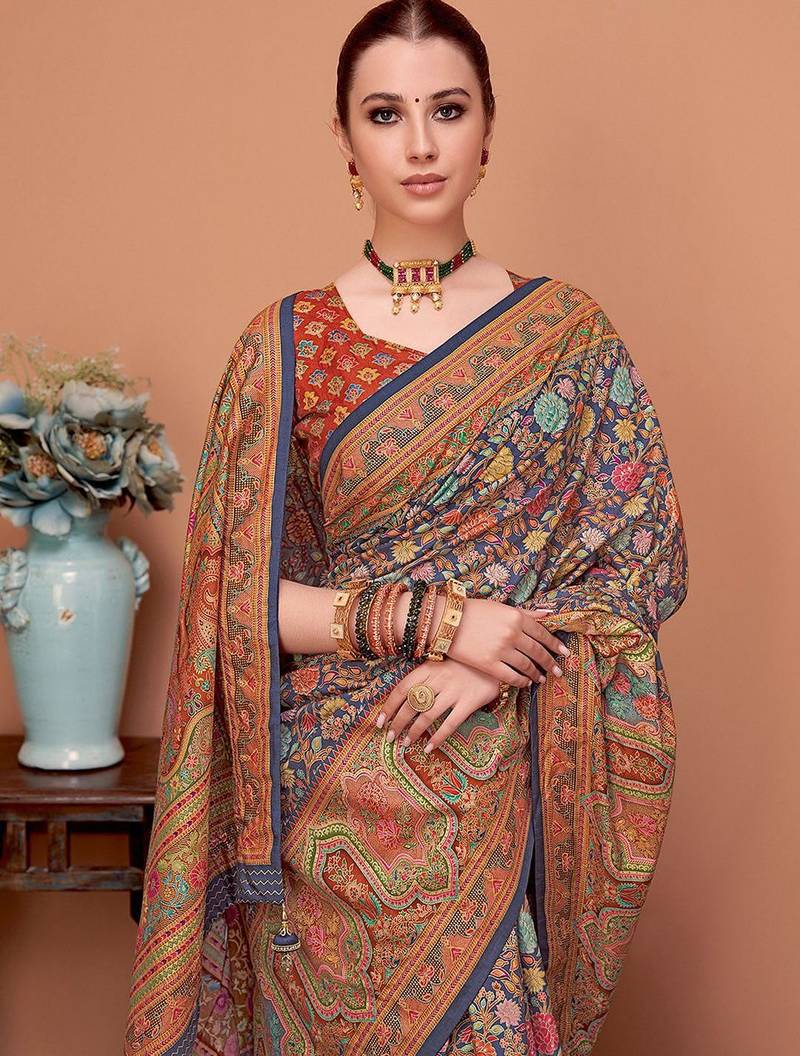 Navy blue floral printed mukaish regular tussar saree