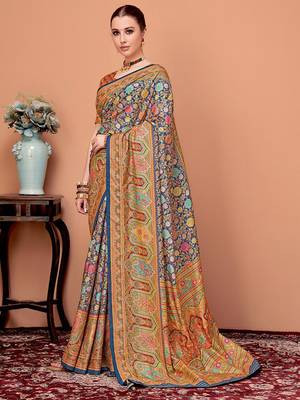 Navy blue floral printed mukaish regular tussar saree 2