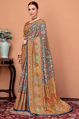 Navy blue floral printed mukaish regular tussar saree