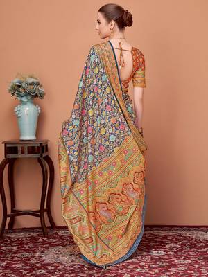 Navy blue floral printed mukaish regular tussar saree 3