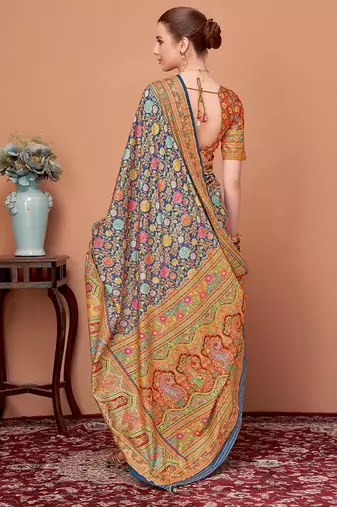 Navy blue floral printed mukaish regular tussar saree