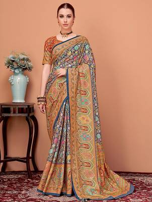 Navy blue floral printed mukaish regular tussar saree 4
