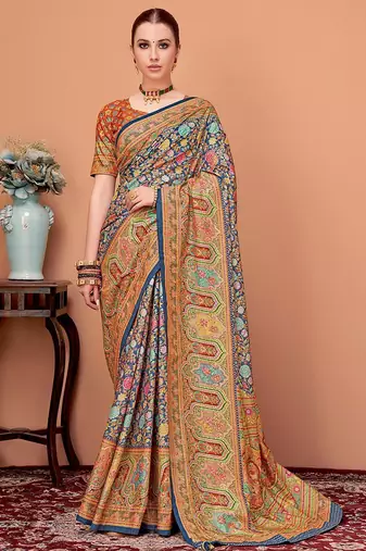 Navy blue floral printed mukaish regular tussar saree