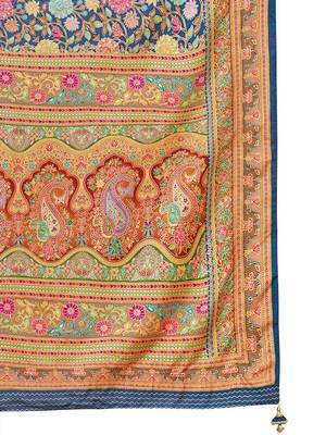 Navy blue floral printed mukaish regular tussar saree 5