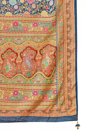 Navy blue floral printed mukaish regular tussar saree