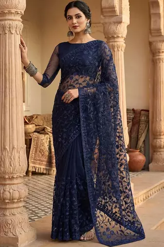 Navy blue floral embroidered net designer saree
