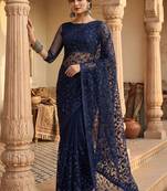Navy blue floral embroidered net designer saree
