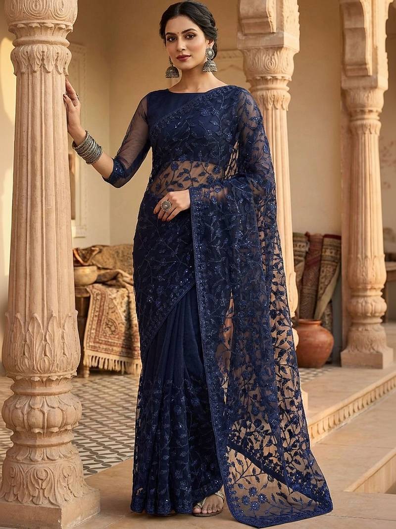 Navy blue floral embroidered net designer saree