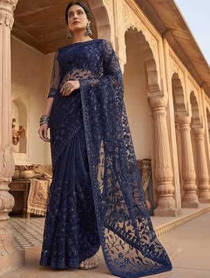 Navy blue floral embroidered net designer saree 2